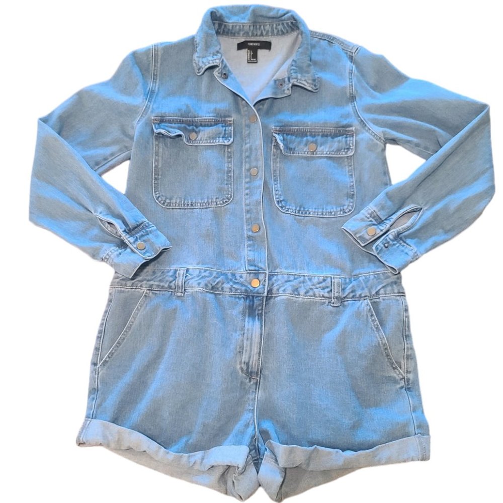 Forever 21 Long Sleeve Medium Wash Denim Romper Jumsuit Size Large